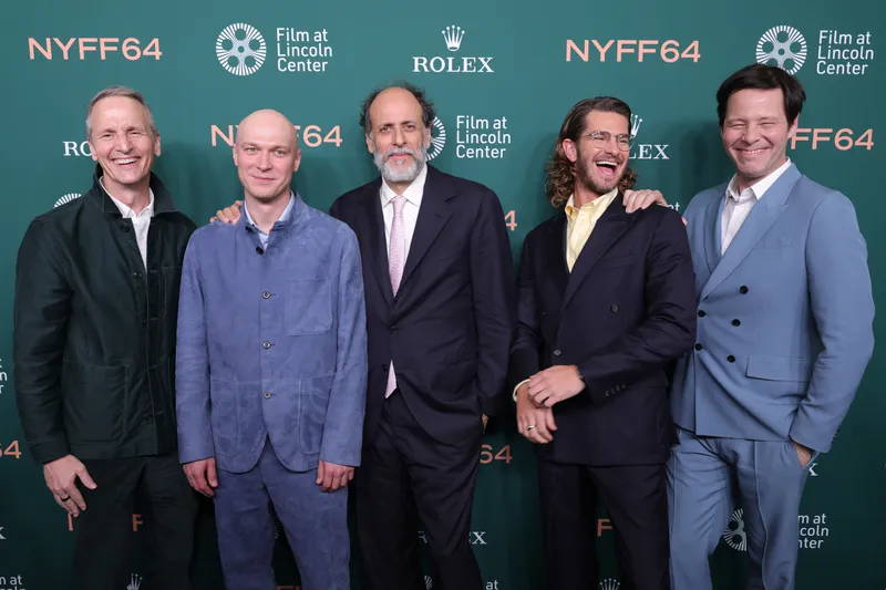 Image may contain: Luca Guadagnino, Michał Żebrowski, Andrew Garfield, Fashion, Blazer, Clothing, Coat, Jacket, and Adult