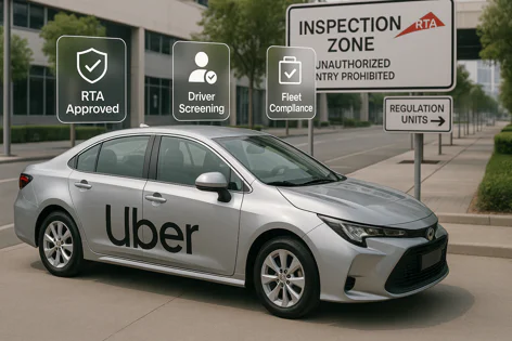 Silver Uber sedan displaying icons for RTA Approved, Driver Screening, and Fleet Compliance on a street near an inspection zone sign.