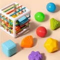 A Montessori Shape Blocks toy with different colorful shapes and objects placed around it. 