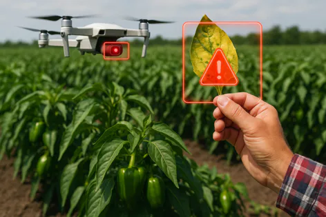Agricultural drone inspecting a pepper field, with a hand holding a diseased plant leaf highlighted by a red warning box.