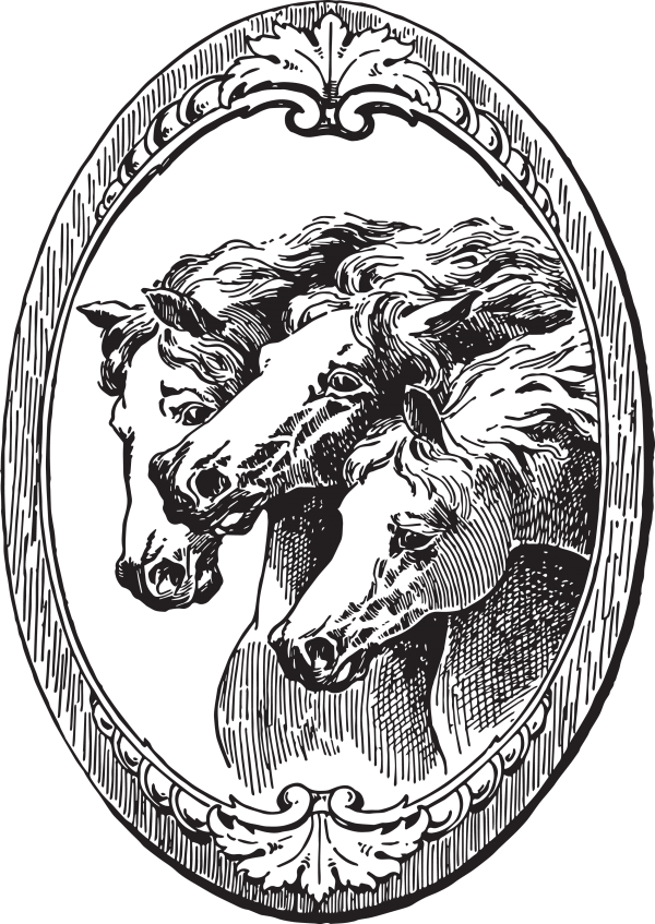 Три лошади в овальной рамке — винтажный рисунок в формате jpg и векторный eps