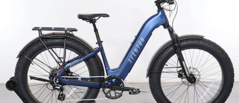 a blue Aventon Aventure 3 electric step through bike