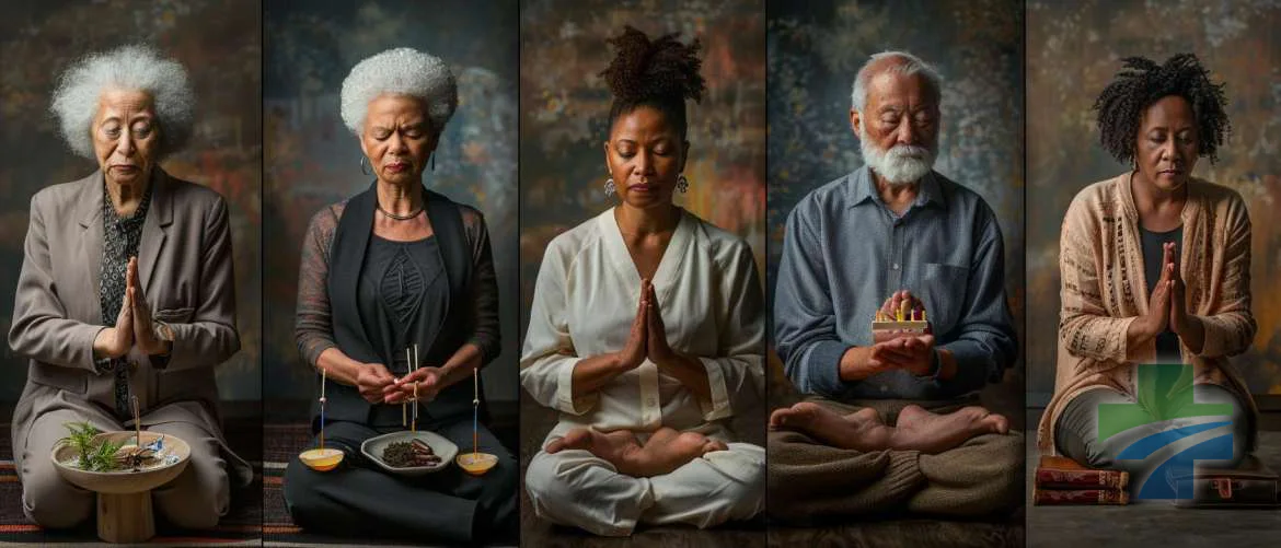 Diverse individuals engaging in both ancient healing practices and modern healthcare