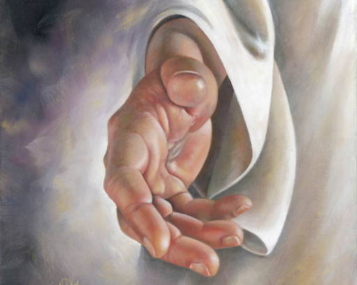 Painting of Jesus' outstretched hand with a visible scar.
