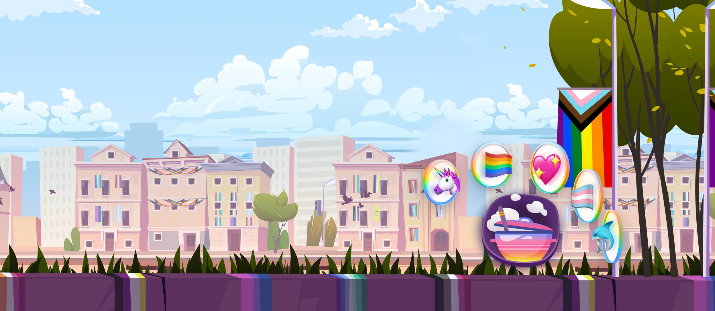 Three sprouts with rainbow bows sprouting out between two large trees dressed in rainbow garlands with a rainbow in the sky for Confetti's Virtual Pride Games