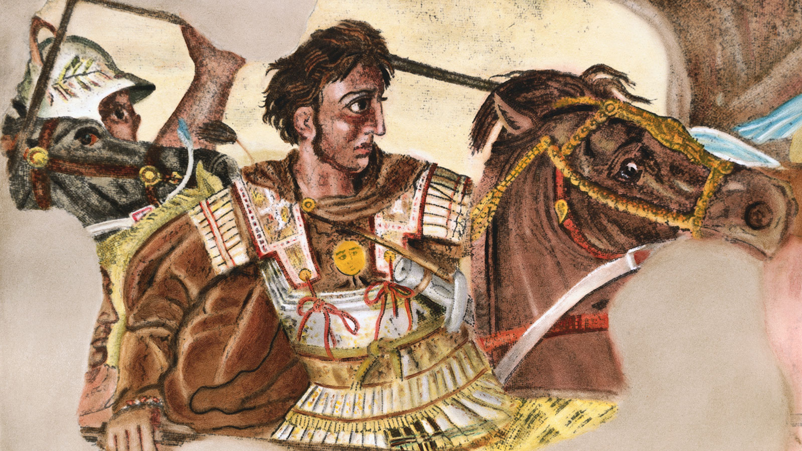 Mural painting of Alexander the great riding a horse during a battle scene.