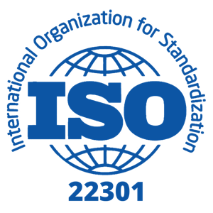 ISO 22301 logo in blue with a globe behind bold ISO letters, surrounded by the text International Organization for Standardization. The number 22301 appears in blue below the logo.