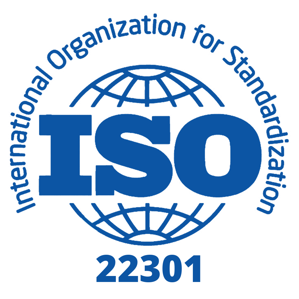 ISO 22301 logo in blue with a globe behind bold ISO letters, surrounded by the text International Organization for Standardization. The number 22301 appears in blue below the logo.