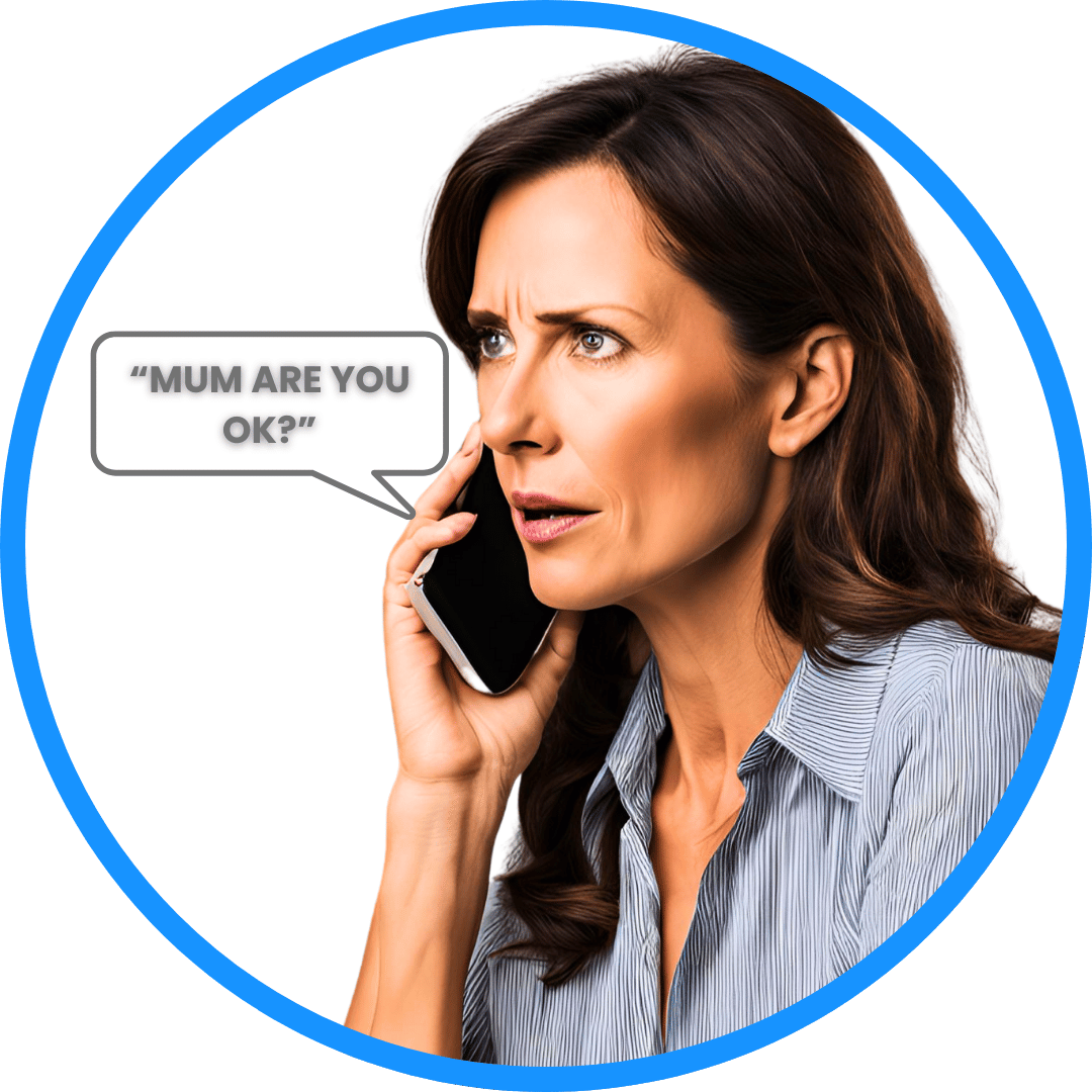 Emergency contact answering a mobile phone call with 'Mum, are you ok?' after receiving an SOS alert from the MindMe Pro SM 4G SOS GPS pendant for the elderly. This SOS personal alarm enables voice conversation for immediate emergency assistance, helping the elderly, people living with dementia, Alzheimer's, disabilities, and NDIS participants live life with peace of mind, knowing they are protected 24/7. Ideal for family and carers to ensure constant safety.