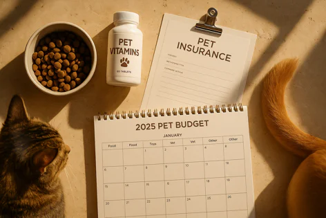 Tabby cat looks at a bowl of kibble next to pet vitamins, insurance form, and a 2025 pet budget calendar, illustrating pet care costs.
