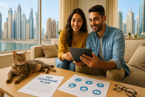 A happy couple and their cat look at a tablet in a modern apartment overlooking a city skyline with pet coverage plan documents on the table.