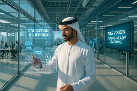 Man in traditional attire interacts with a digital interface for an "Education Blueprint", showing online courses, skills, development, and AI innovation.