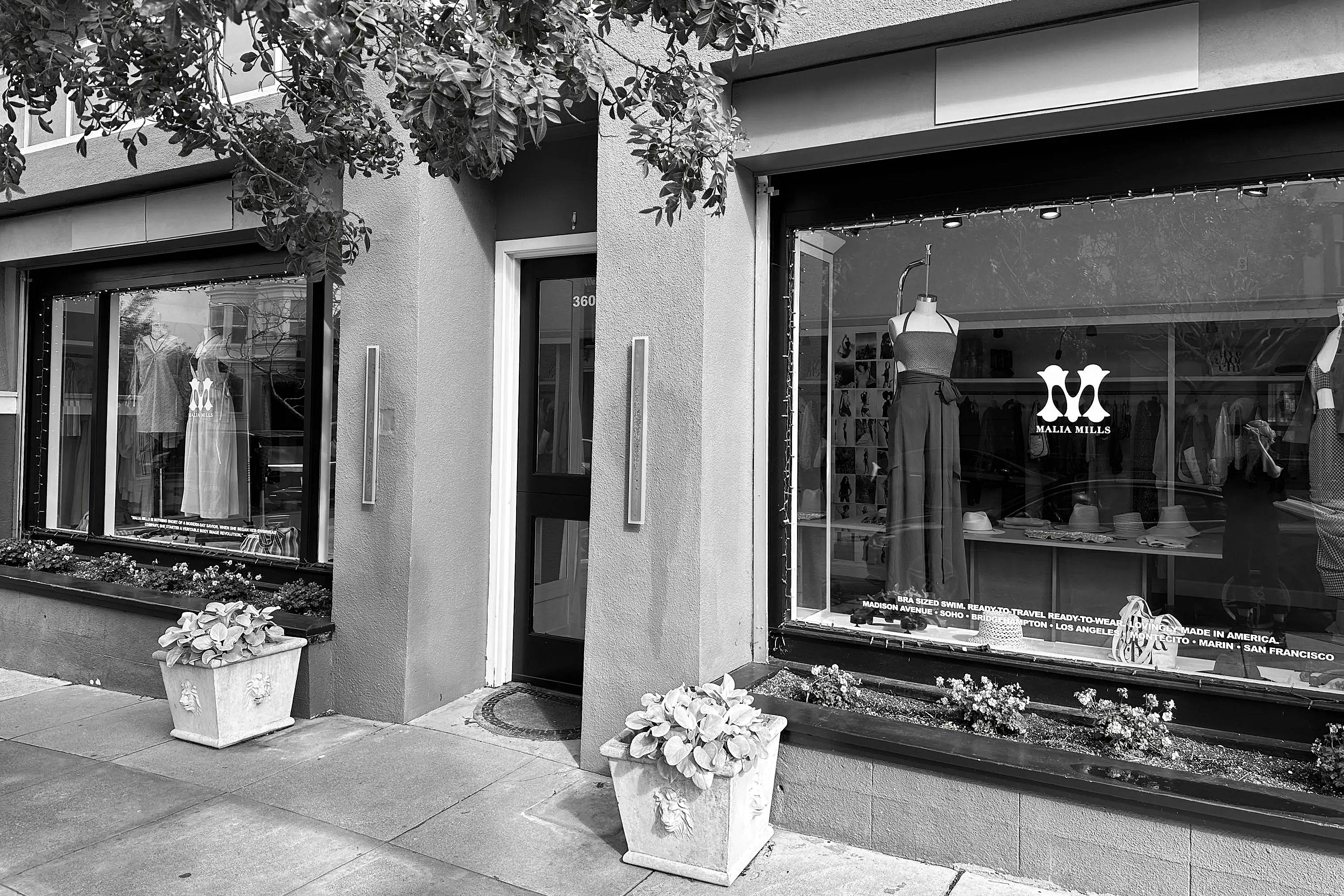 Exterior of the Malia Mills swimwear boutique on Sacramento Street in San Francisco