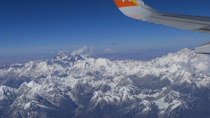 The view of Mount Everest from the window of our plane