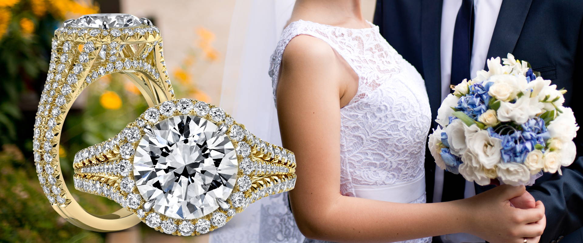 round brilliant cut diamond ring with married couple and bouquet of flowers