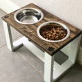 Elevated two bowl farmhouse style dog bowl stand