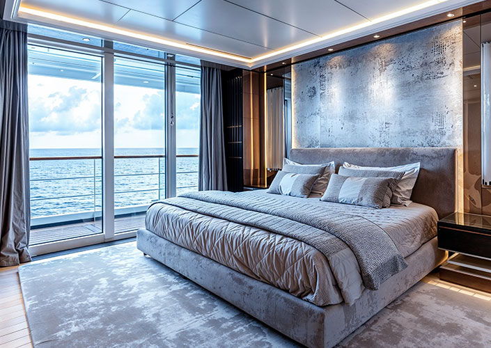 a bedroom on a cruise ship with a grey abstract IMO certified wallpaper and wallcovering suitable for marine projects
