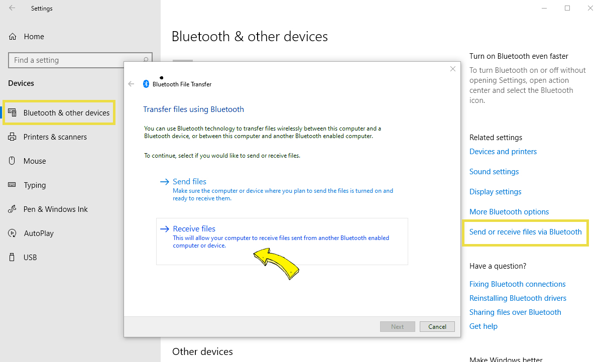 Windows 10 bluetooth receive files