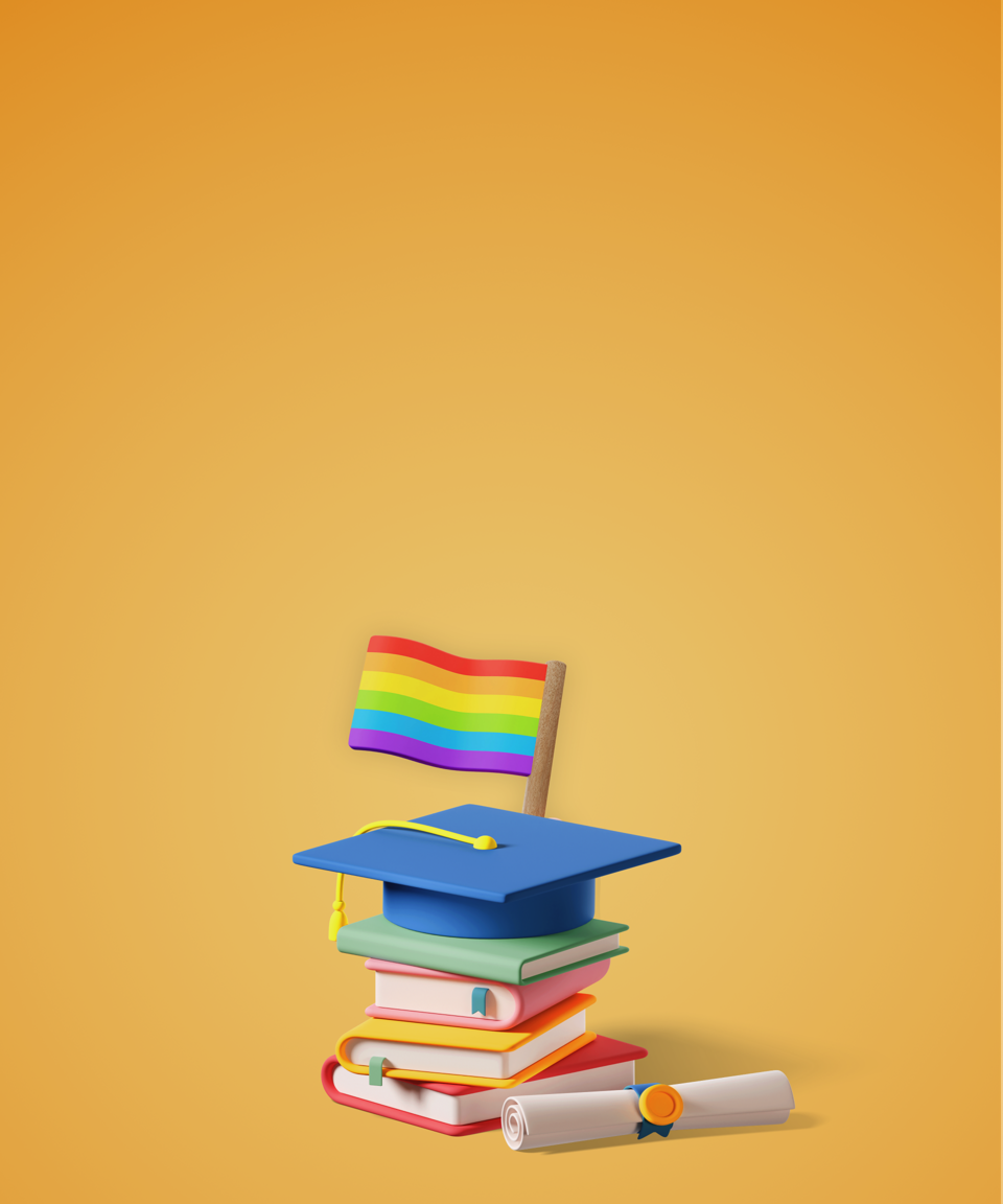 A rainbow flag, graduation cap, and stack of colorful textbooks (small)