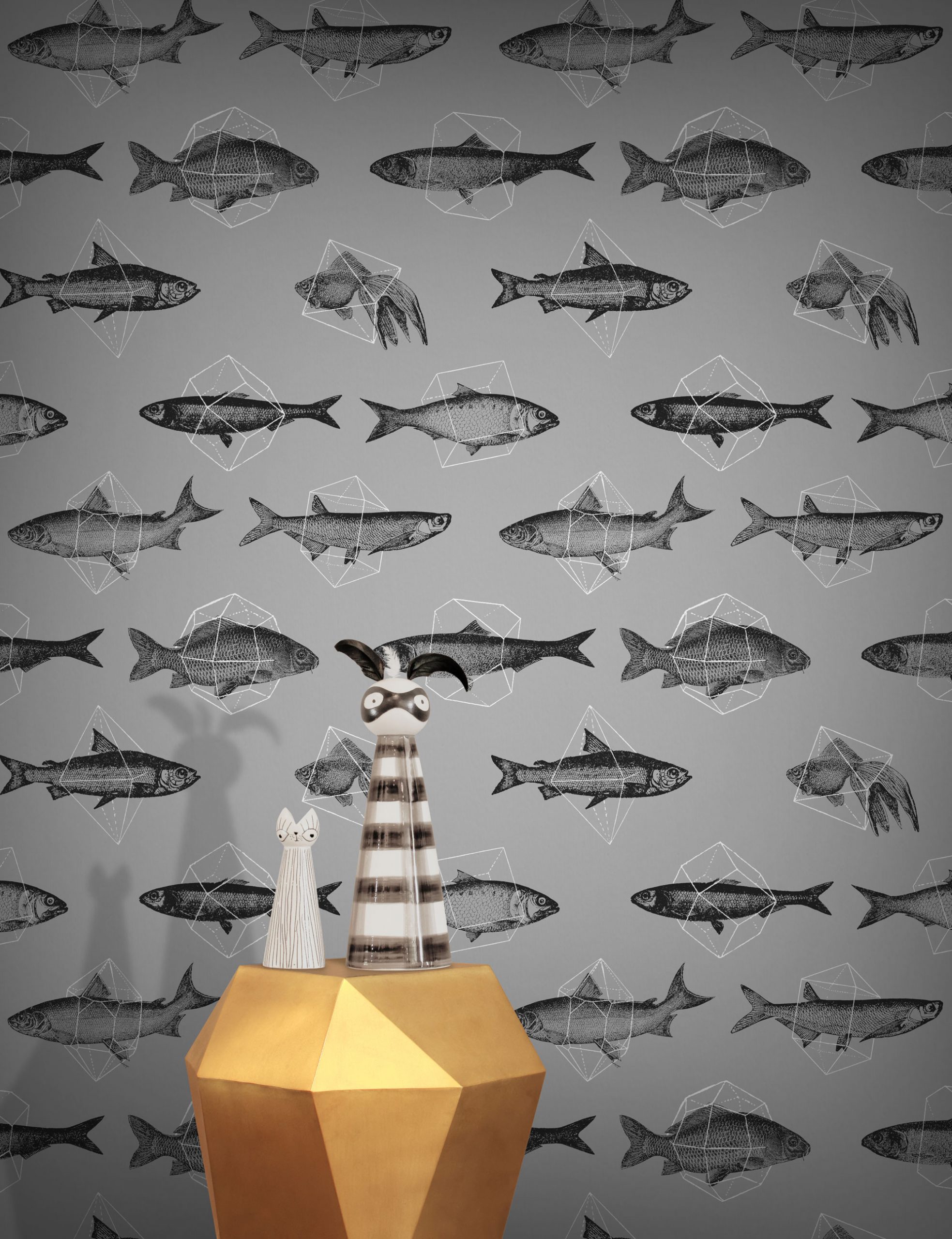 Grey Trendy Vintage Fish Wallpaper - Feathr Wallpapers