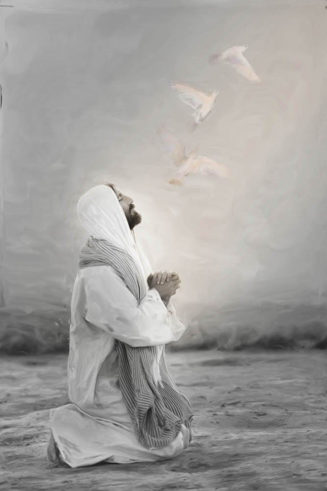 Black and white kneeling in prayer. Doves fly across the sky.