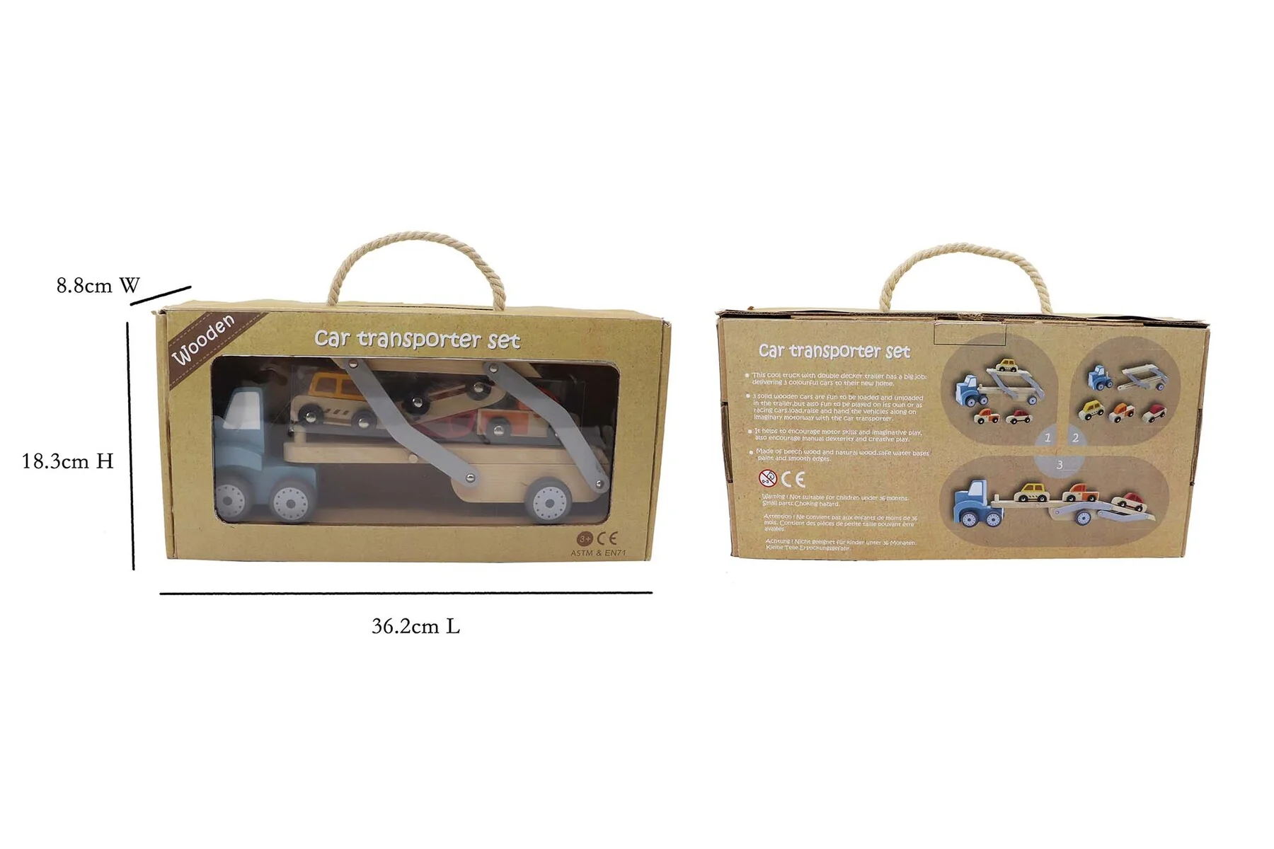 Car Carrier toy truck with movable tray and 3 wooden cars-Age: 18 M+ - Image 3