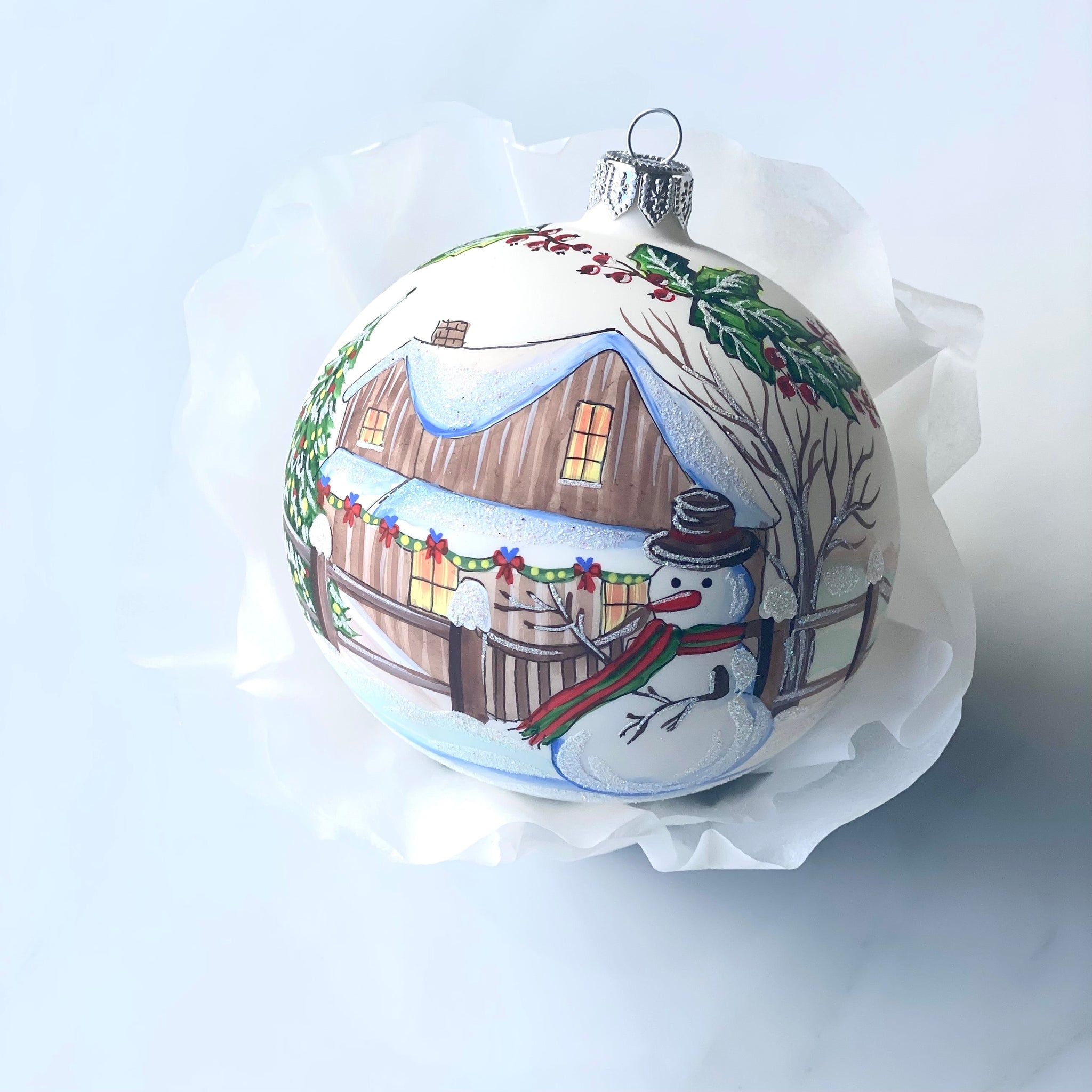  Snowman in Front Yard Hand Painted Bauble 100mm