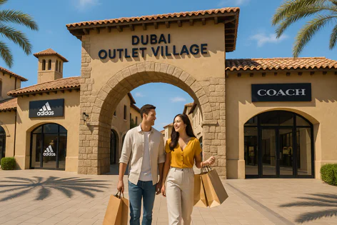 A young happy couple holding shopping bags walks under the archway entrance of Dubai Outlet Village, with visible stores like Adidas and Coach.