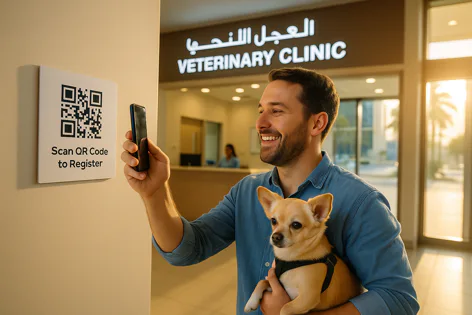 A smiling man holding a small dog scans a QR code on the wall with his smartphone at the entrance of a veterinary clinic. The clinic sign is visible.