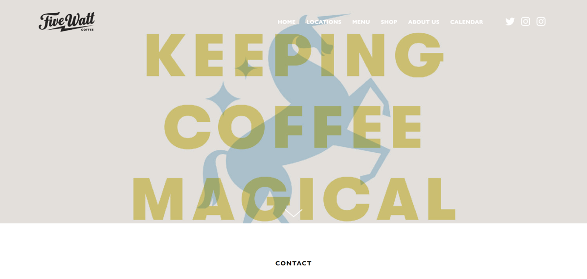 Screenshot of Five Watt Coffee, from the cafe & coffee shop websites collection.