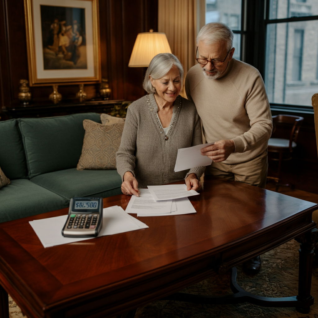 A senior couple reviewing the Senior Citizen Exemption documentation in their elegant Lincoln Park condominium living room. The paperwork shows the additional $8,000 assessment reduction, with a calculator displaying potential tax savings of approximately $560 annually.