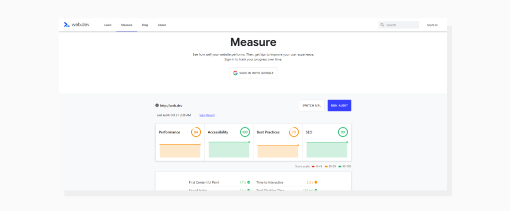web.dev/measure interface screenshot