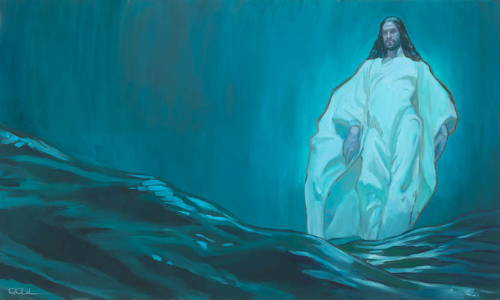 Blue painting of Jesus walking on water.