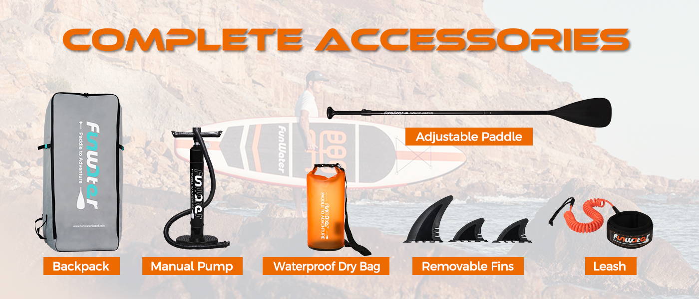 CRUISE inflatable SUP board has complete accessories: backpack, manual pump, waterproof dry bag, removable fins, leash, and adjustable paddle