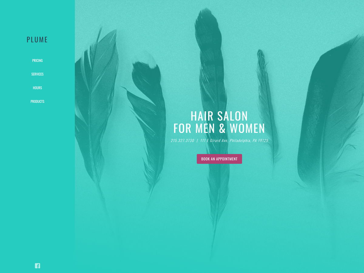 Screenshot of Plume Salon, from the salon websites collection.