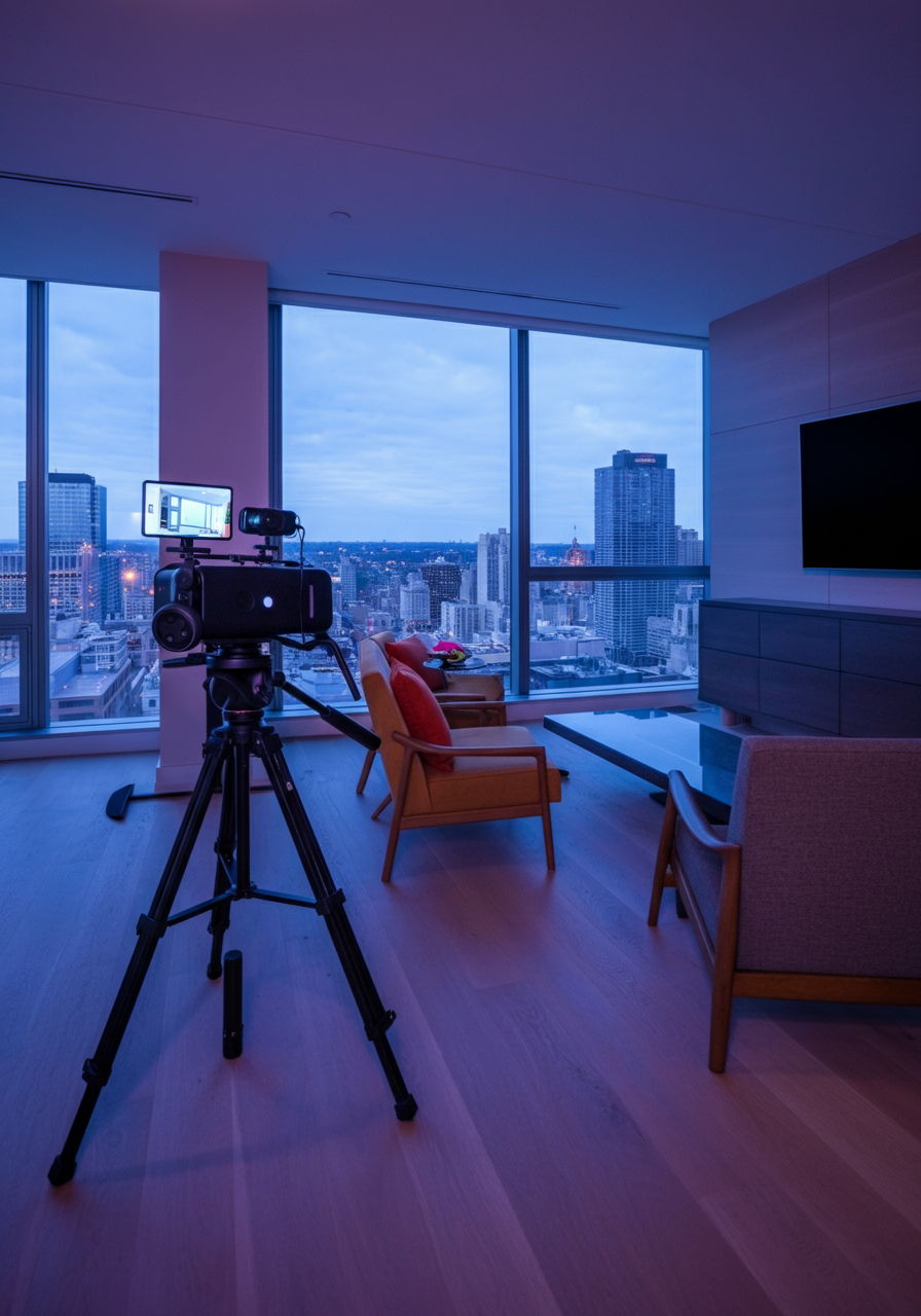 Virtual reality tour setup in a Streeterville penthouse, with specialized equipment capturing 360-degree views of the space. The immersive technology allows remote buyers to experience the property's flow and panoramic views before visiting in person.
