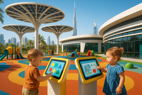 A young boy and girl interact with bright educational touchscreens on a vibrant outdoor playground. Modern architecture and palm trees frame the background under a clear sky.