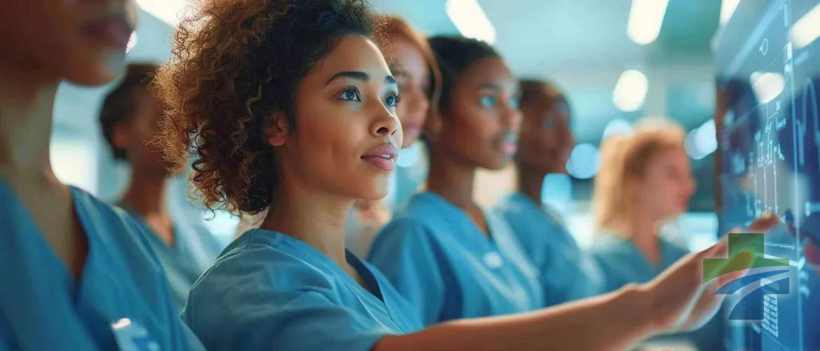 Young nurses engaged in learning new healthcare technology in a bright, modern setting.