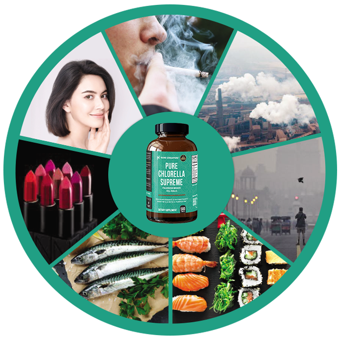 Bottle of Nano Singapore's best immune system supplements surrounded by sources of heavy metals