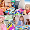 A collage showing the Story Book as a travel toy, family toy, independent play toy. 