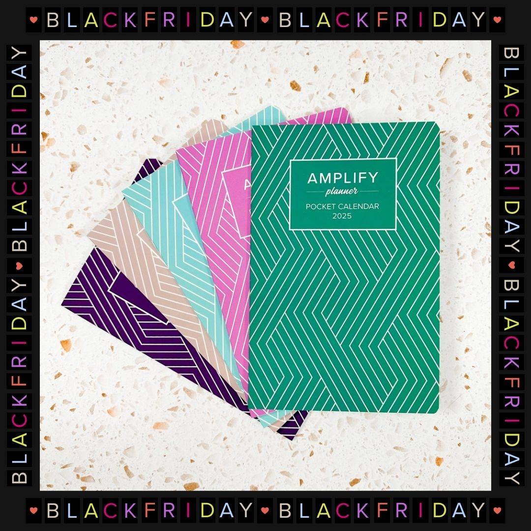 stack of amplify planner pocket calendars with black friday frame