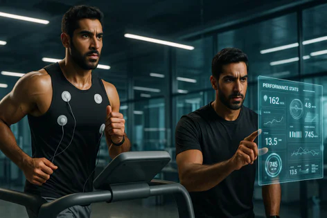 Man on treadmill with body sensors tracked by another man using a holographic display showing fitness performance stats. Modern gym setting.