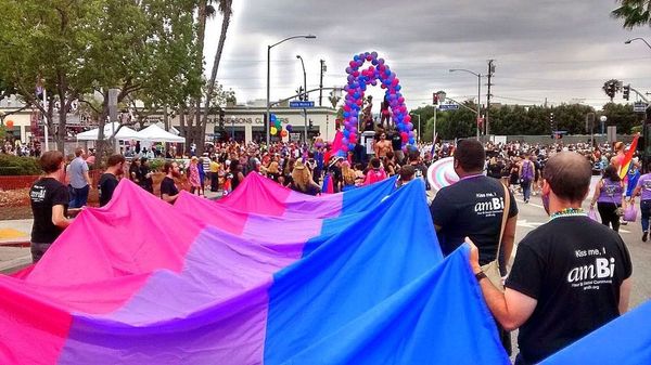 Several people march holding a large bi pride flag.