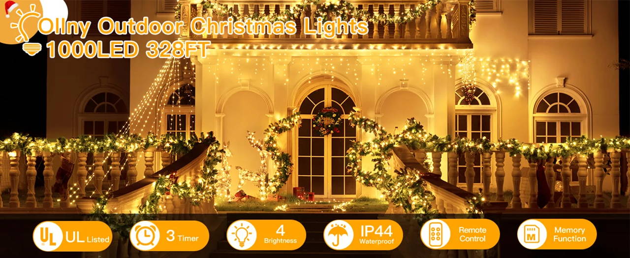 Features of Ollny's 800 leds clear cable cool white string lights - desktop size