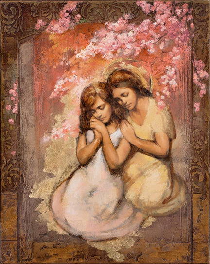 A young girl is praying and an angel is comforting her. 
