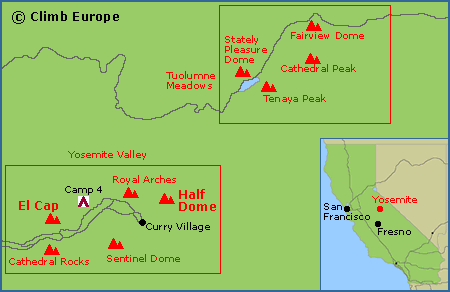 Map of the main rock climbing areas in Yosemite National Park