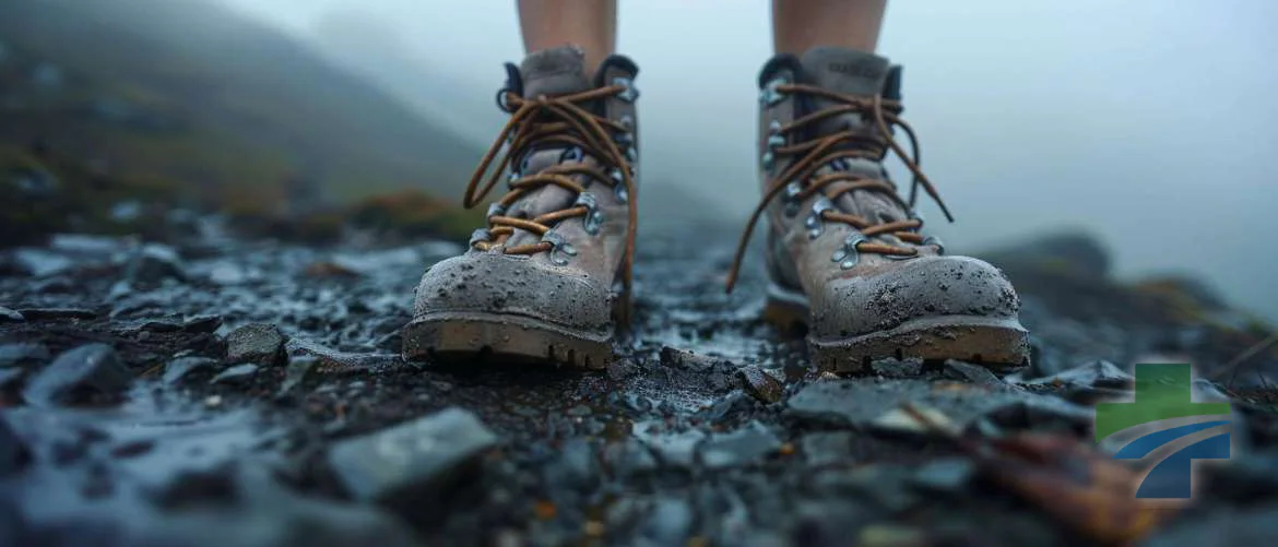 Worn hiking boots on a misty mountain path symbolize perseverance and challenge.