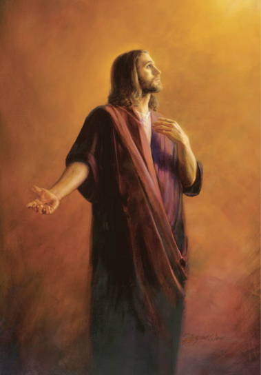 Jesus looking up toward Heaven and extending an arm out as if making a case for someone standing beside Him.