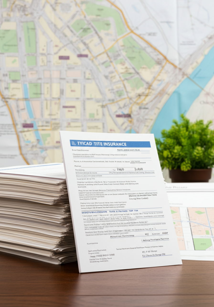 An escrow agent's desk with organized stacks of title insurance documents, highlighting a policy declaration page showing the typical $660 premium. A Chicago neighborhood map is partially visible in the background with property boundaries marked.