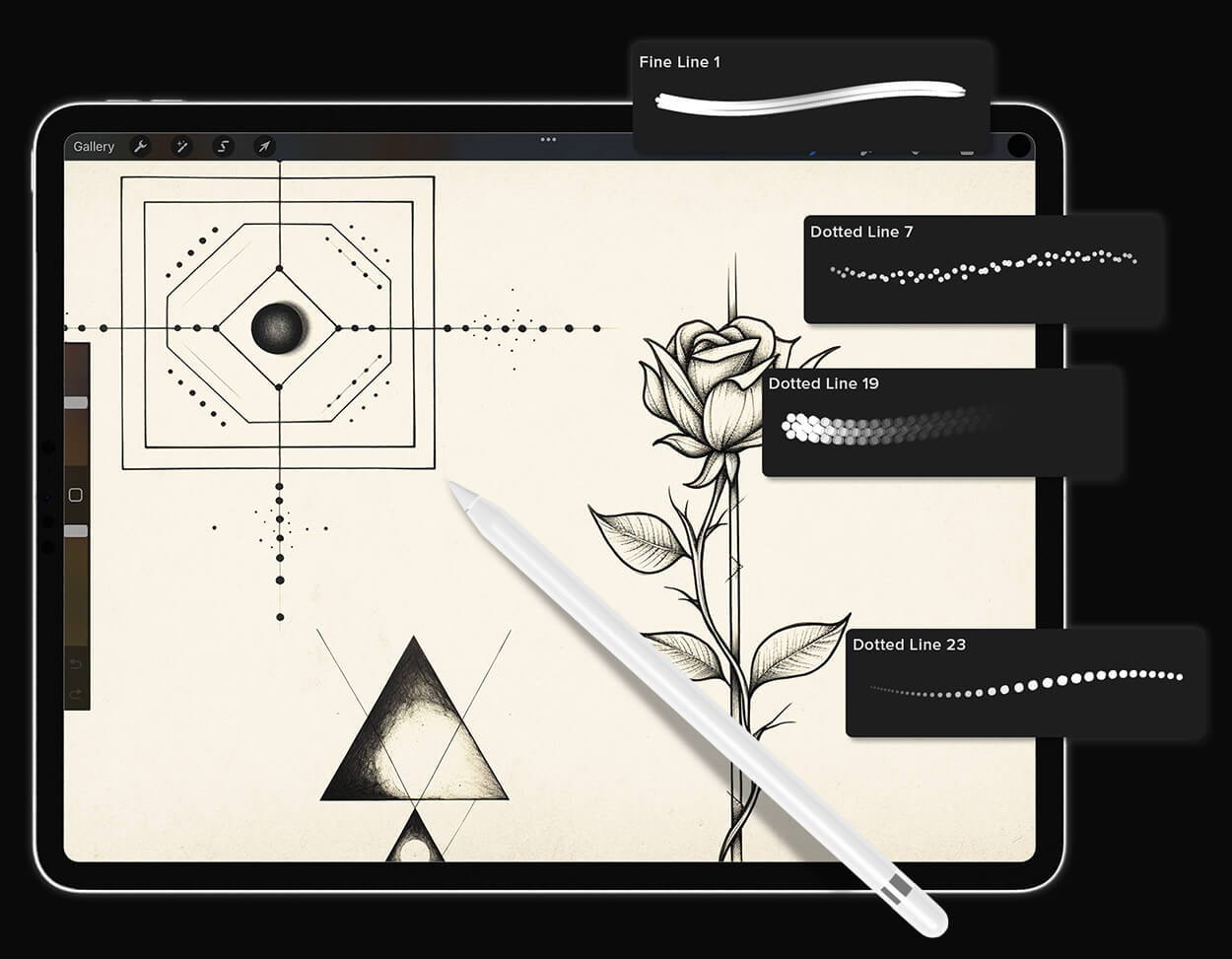 image of a rose and linework with dots on an iPad with dotted brush examples